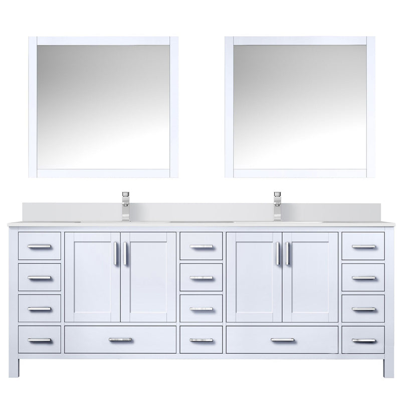 Lexora Jacques 84" W x 22" D White Double Bath Vanity Marble Top with Faucet Set and 34" Mirrors