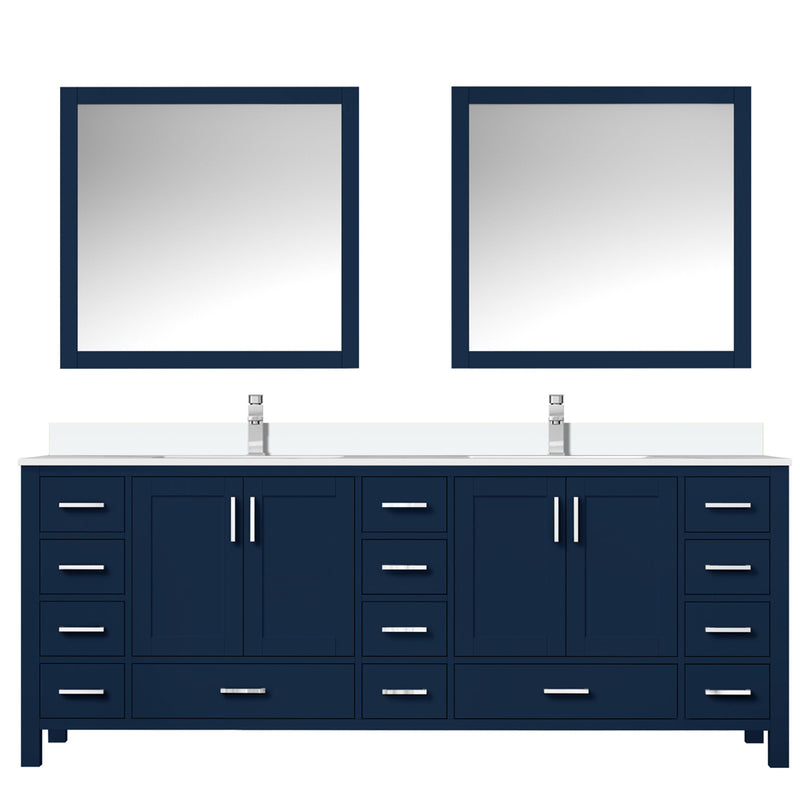 Lexora Jacques 84" W x 22" D Navy Blue Double Bath Vanity Marble Top with Faucet Set and 34" Mirrors