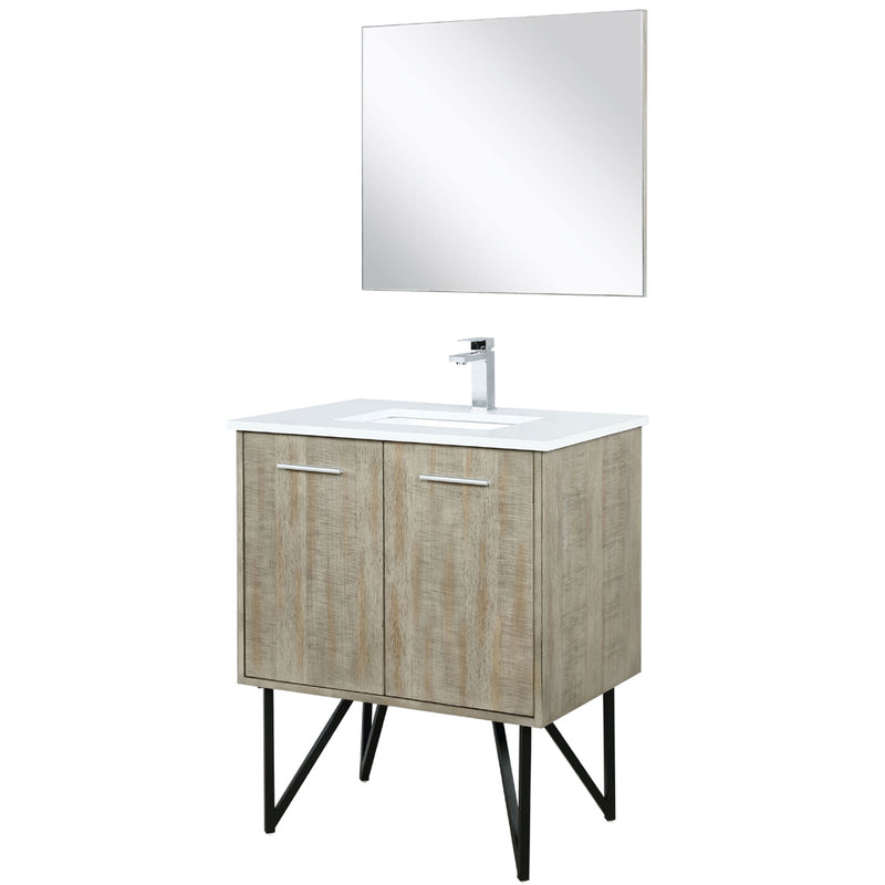 Lexora Lancy 30" W x 20" D Rustic Acacia Bath Vanity White Quartz Top with Faucet Set and 28" Mirror