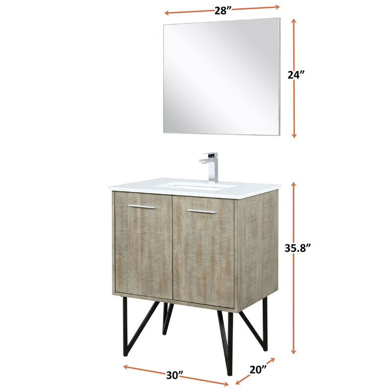 Lexora Lancy 30" W x 20" D Rustic Acacia Bath Vanity White Quartz Top with Faucet Set and 28" Mirror