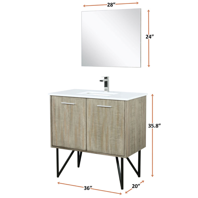 Lexora Lancy 36" W x 20" D Rustic Acacia Bath Vanity White Quartz Top with Faucet Set and 28" Mirror