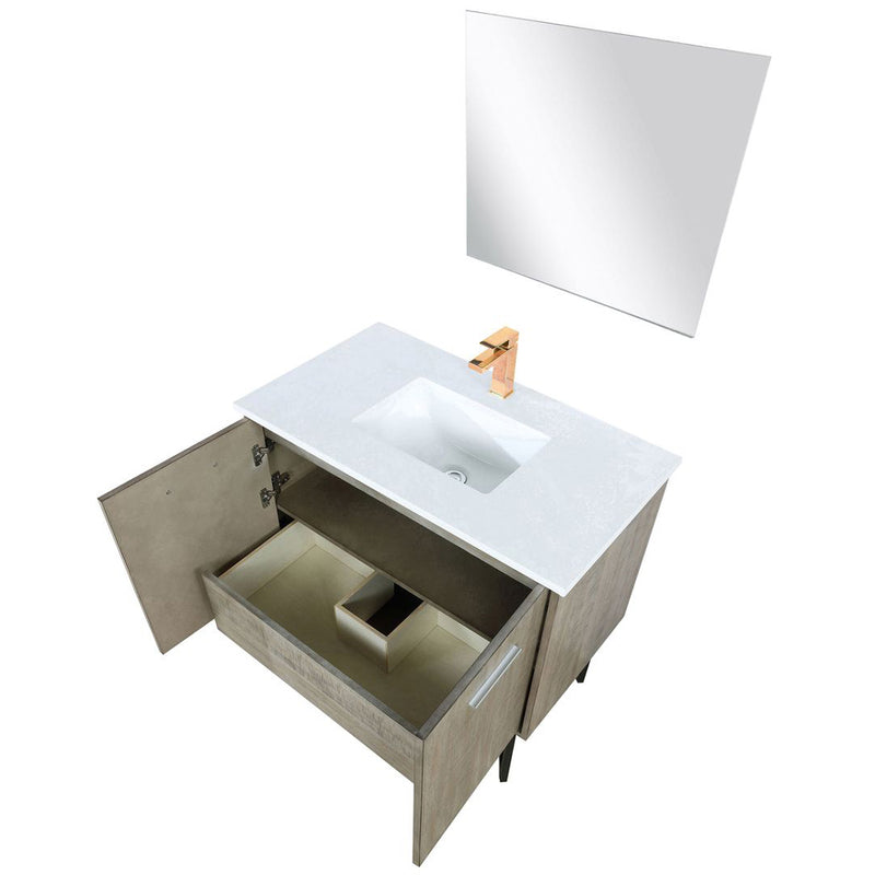 Lexora Lancy 36" W x 20" D Rustic Acacia Bath Vanity White Quartz Top with Faucet Set and 28" Mirror