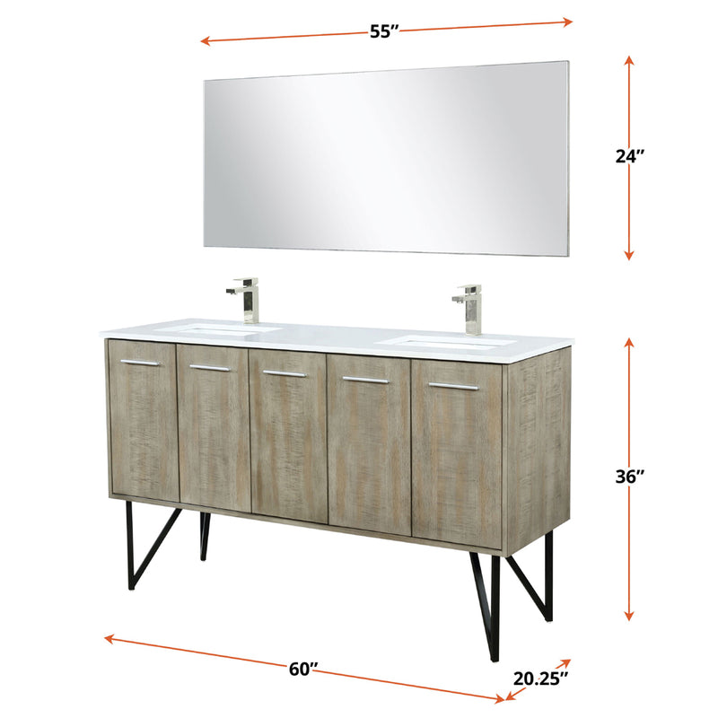 Lexora Lancy 60" W x 20" D Rustic Acacia Double Bath Vanity White Quartz Top with Faucet Set and 55" Mirror