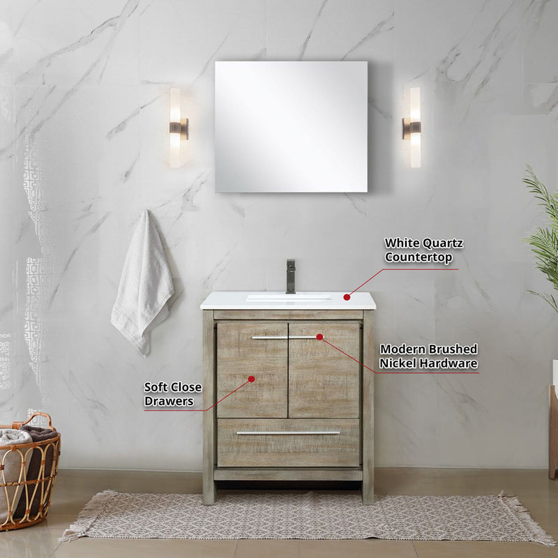 Lexora Lafarre 30" W x 20" D Rustic Acacia Bath Vanity White Quartz Top with Faucet Set and 28" Mirror