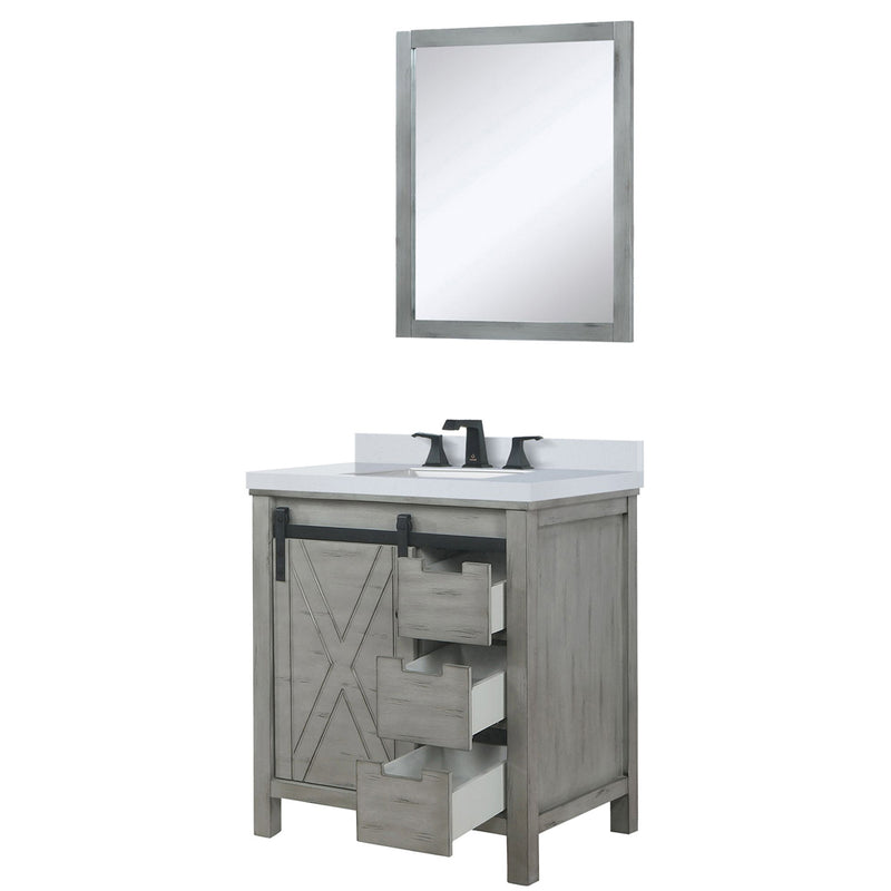 Lexora Marsyas 30" W x 22" D Ash Grey Bath Vanity Marble Countertop Faucet Set and 28" Mirror