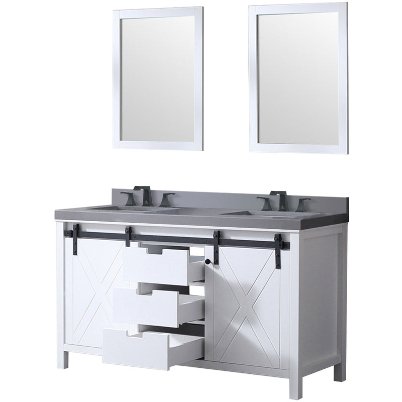 Lexora Marsyas 60" W x 22" D White Double Bath Vanity Grey Quartz Countertop with Faucet Set and 24" Mirrors