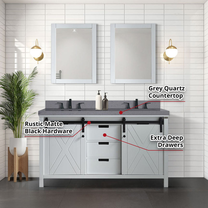 Lexora Marsyas 60" W x 22" D White Double Bath Vanity Grey Quartz Countertop with Faucet Set and 24" Mirrors