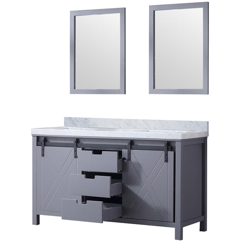 Lexora Marsyas 60" W x 22" D Dark Grey Double Bath Vanity Carrara Marble Countertop and 24" Mirrors