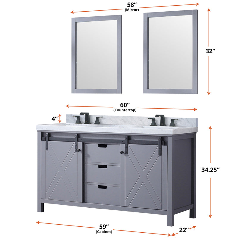 Lexora Marsyas 60" W x 22" D Dark Grey Double Bath Vanity Carrara Marble Countertop and 24" Mirrors