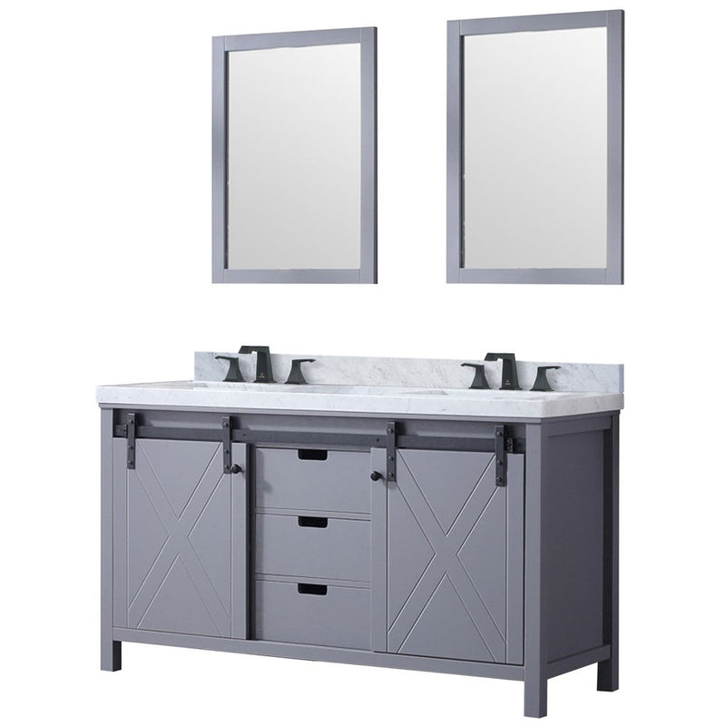 Lexora Marsyas 60" W x 22" D Dark Grey Double Bath Vanity Carrara Marble Countertop with Faucet Set and 24" Mirrors