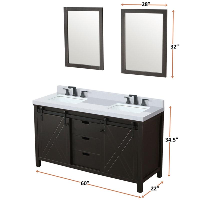 Lexora Marsyas 60" W x 22" D Brown Double Bath Vanity Marble Countertop with Faucet Set and 24" Mirrors