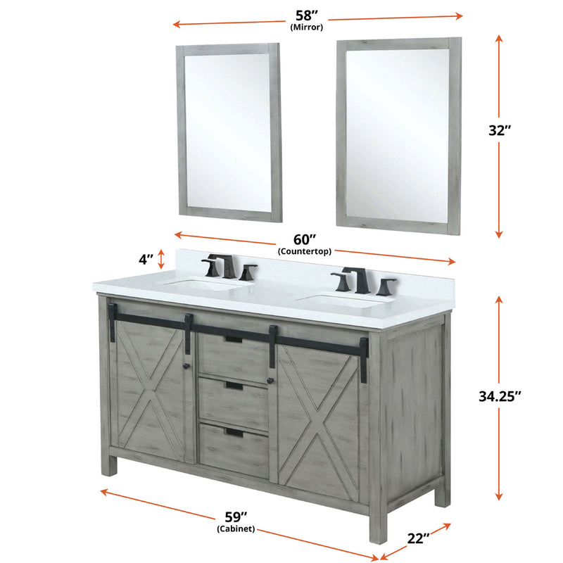 Lexora Marsyas 60" W x 22" D Ash Grey Double Bath Vanity Marble Countertop and 24" Mirrors