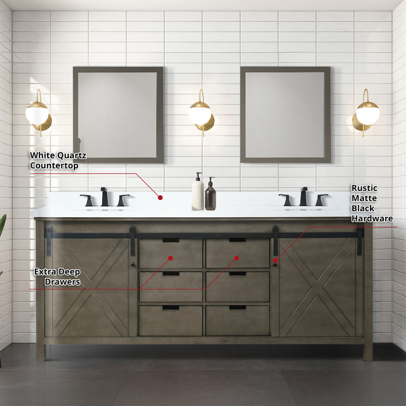 Lexora Marsyas 80" W x 22" D Rustic Brown Double Bath Vanity Marble Countertop and 30" Mirrors