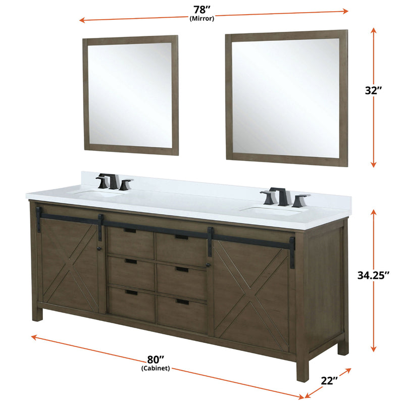 Lexora Marsyas 80" W x 22" D Rustic Brown Double Bath Vanity Marble Countertop with Faucet Set and 30" Mirrors