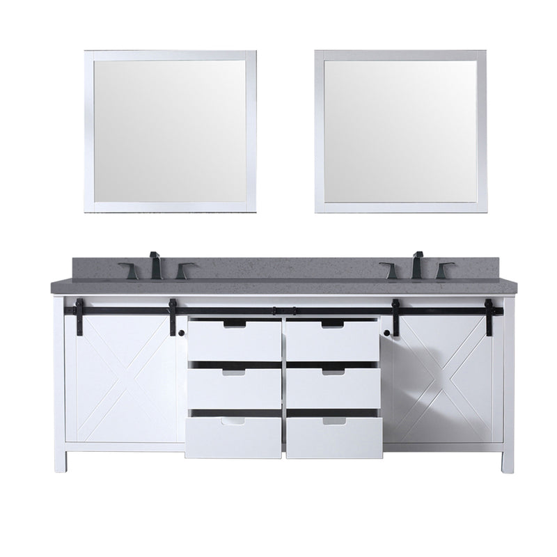 Lexora Marsyas 84 in W x 22 in D White Double Bath Vanity, Grey Quartz Countertop, Faucet Set and 34 in Mirrors