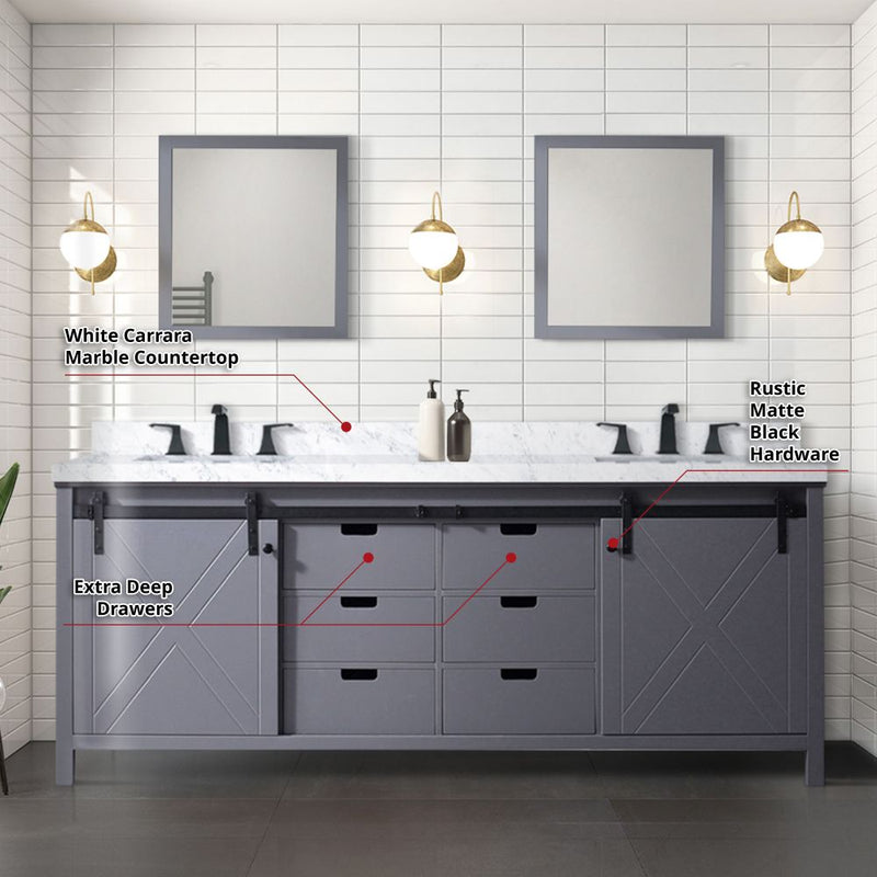 Lexora Marsyas 84" W x 22" D Dark Grey Double Bath Vanity and Carrara Marble Countertop