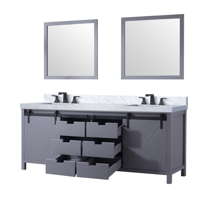 Lexora Marsyas 84 in W x 22 in D Dark Grey Double Bath Vanity, Carrara Marble Countertop, Faucet Set and 34 in Mirrors