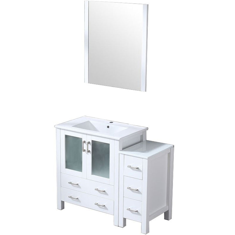 Lexora Volez 42" W x 18.25" D Bath Vanity with Side Cabinet with White Ceramic Top and 28" Mirror