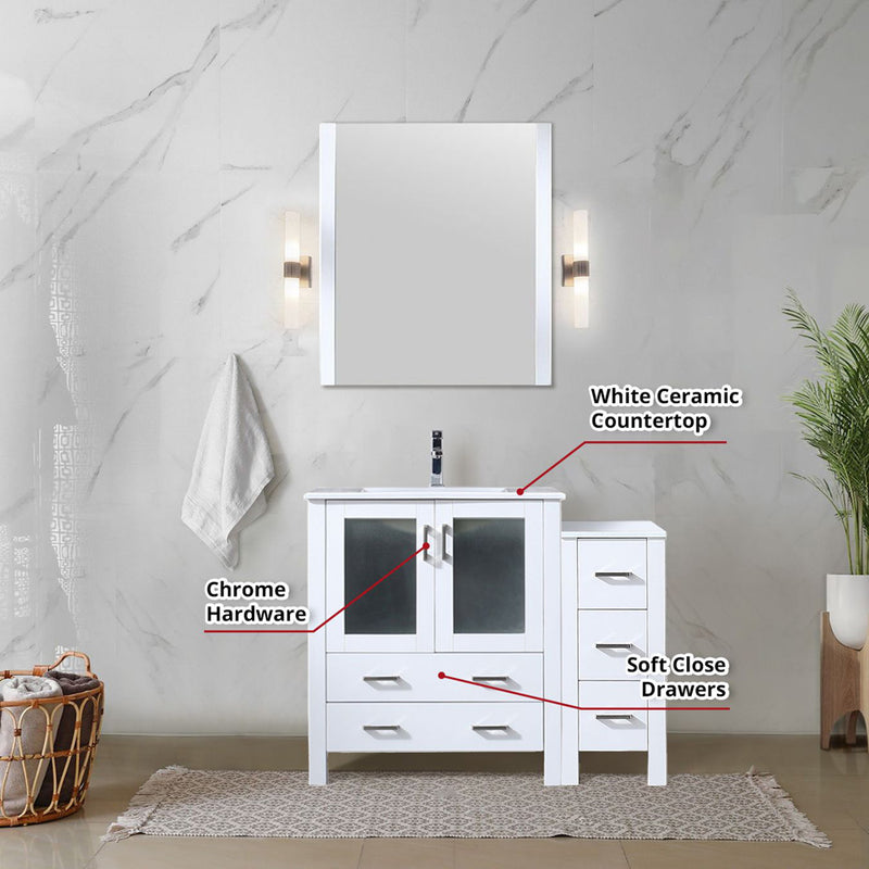 Lexora Volez 42" W x 18.25" D Bath Vanity with Side Cabinet with White Ceramic Top and 28" Mirror