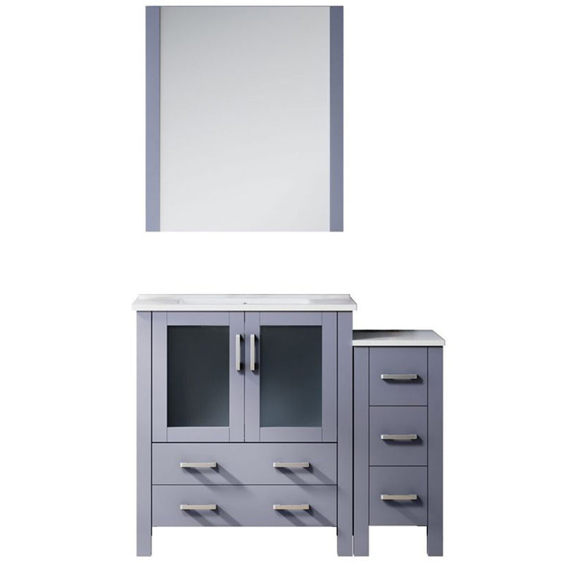 Lexora Volez 42" W x 18.25" D Bath Vanity with Side Cabinet with White Ceramic Top and 28" Mirror