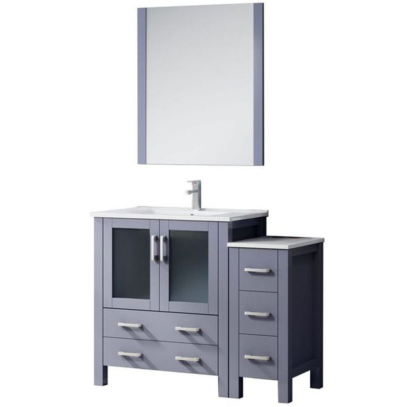 Lexora Volez 42" W x 18.25" D Bath Vanity with Side Cabinet with Faucet Set White Ceramic Top and 28" Mirror