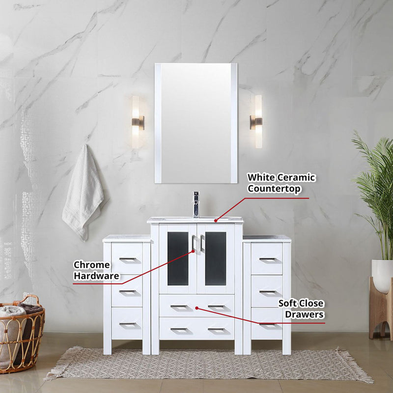 Lexora Volez 48" W x 18.25" D Bath Vanity with Side Cabinets White Ceramic Top and 22" Mirror