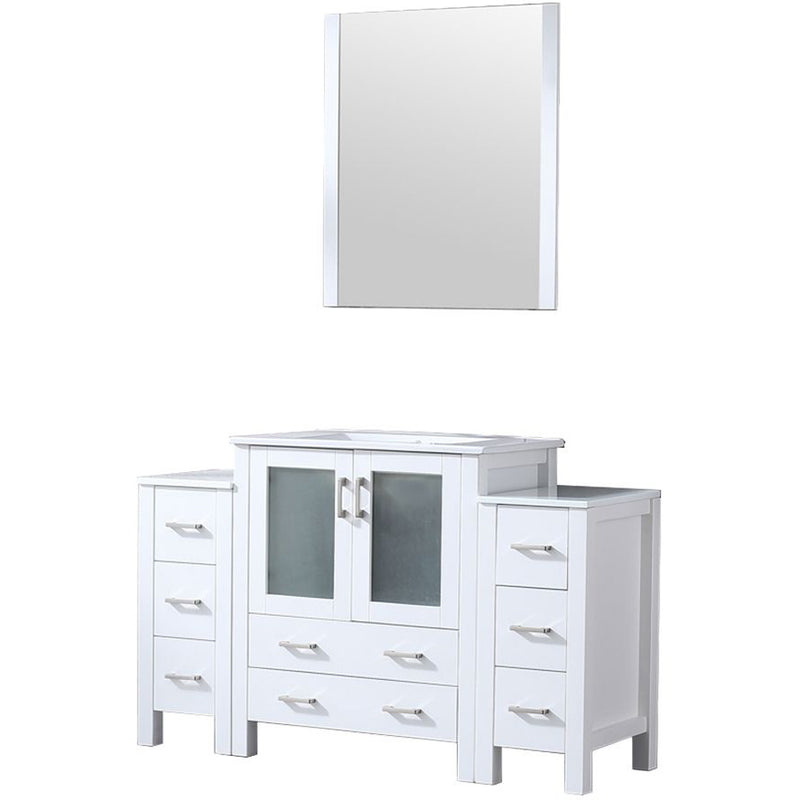 Lexora Volez 54" W x 18.25" D Bath Vanity with Side Cabinets White Ceramic Top and 28" Mirror