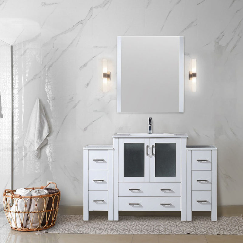 Lexora Volez 54" W x 18.25" D Bath Vanity with Side Cabinets with Faucet Set and White Ceramic Top 28" Mirror