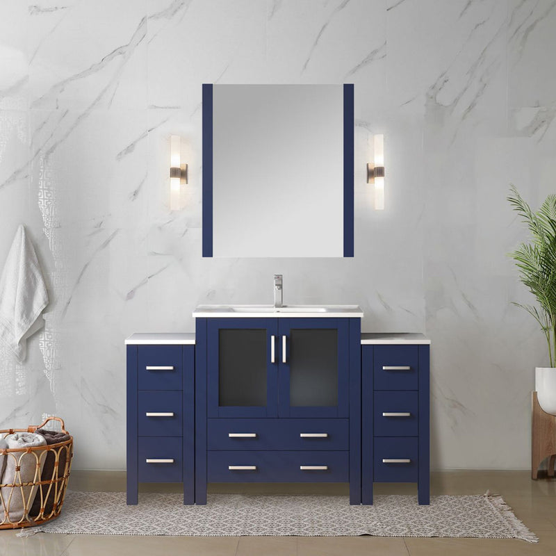 Lexora Volez 54" W x 18.25" D Bath Vanity with Side Cabinets White Ceramic Top and 28" Mirror