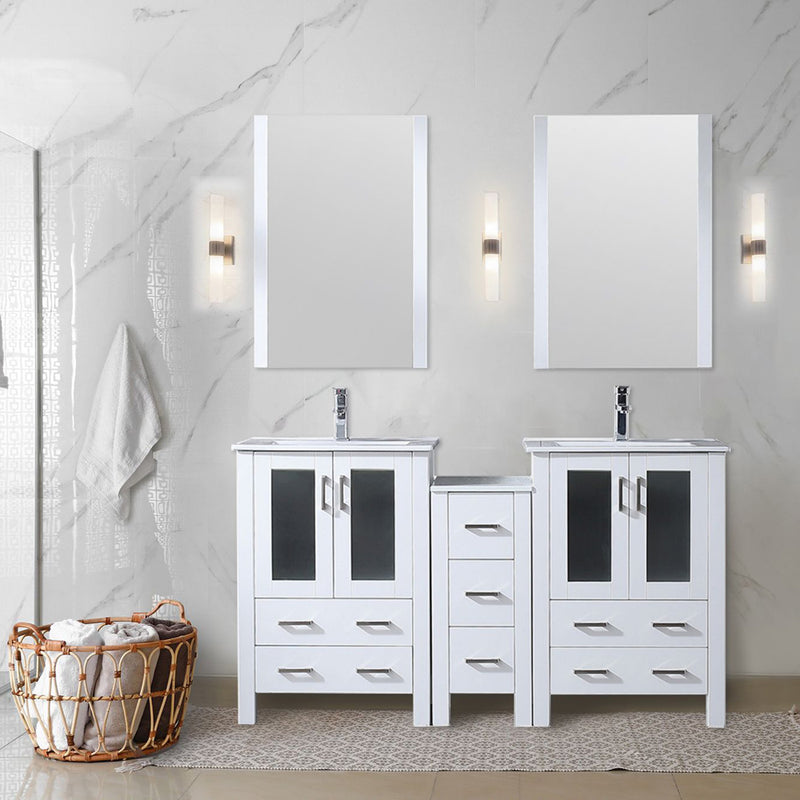 Lexora Volez 60" W x 18.25" D Double Bath Vanity with Side Cabinet and White Ceramic Top 22" Mirrors