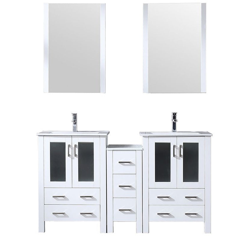 Lexora Volez 60" W Double Bath Vanity with Side Cabinet Faucet Set White Ceramic Top and 22" Mirrors