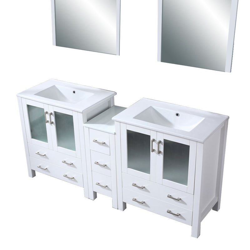 Lexora Volez 72" W x 18.25" D Double Bath Vanity with Side Cabinets and White Ceramic Top 28" Mirrors