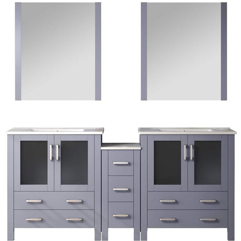 Lexora Volez 72" W x 18.25" D Double Bath Vanity with Side Cabinets and White Ceramic Top 28" Mirrors