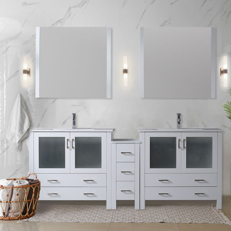 Lexora Volez 84" W x 18.25" D Double Bath Vanity with Side Cabinet with White Ceramic Top and 34" Mirrors