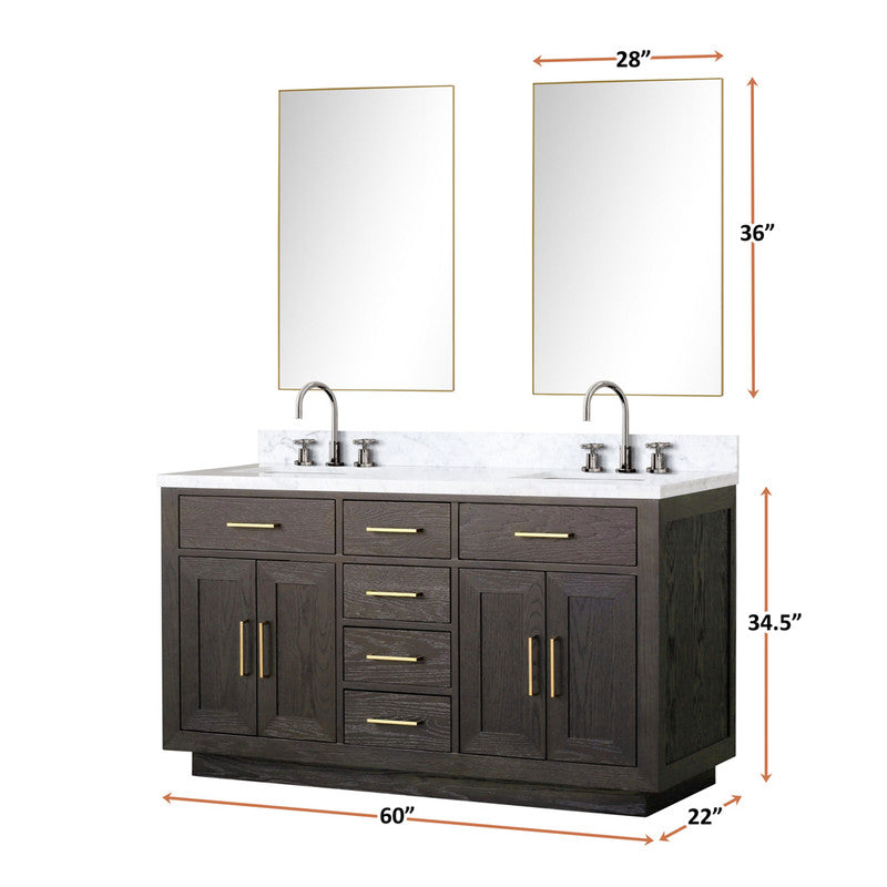 Lexora Abbey 60 in W x 22 in D Double Bath Vanity, Carrara Marble Top, and Faucet Set