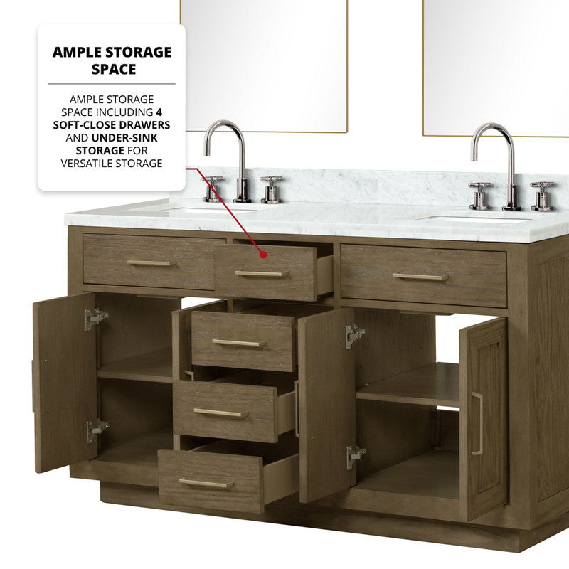 Lexora Abbey 60 in W x 22 in D Double Bath Vanity, Carrara Marble Top, and Faucet Set