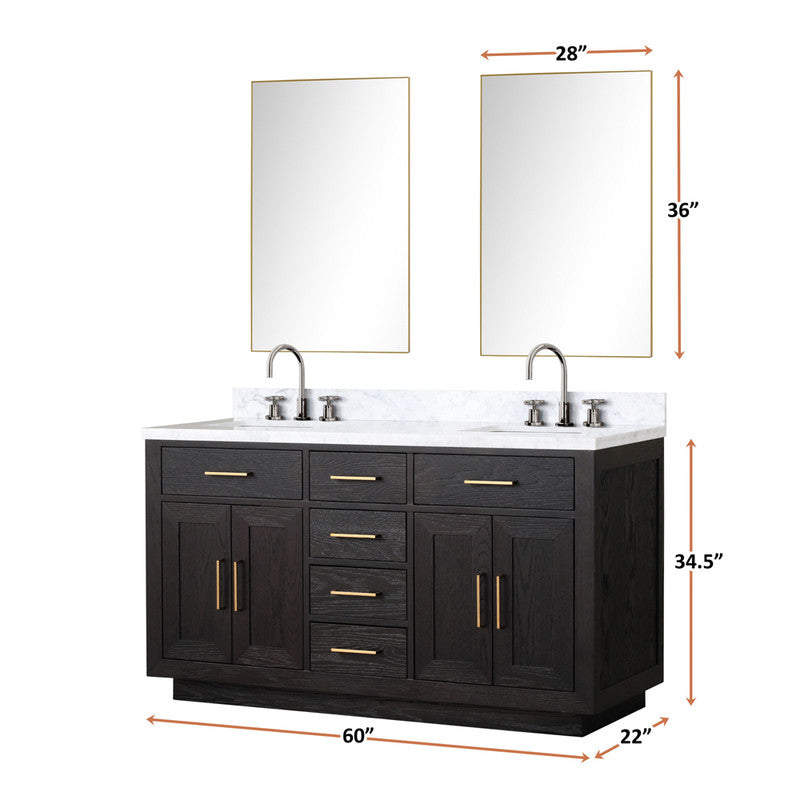 Lexora Abbey 60 in W x 22 in D Double Bath Vanity, Carrara Marble Top, Faucet Set, and 28 in Mirrors