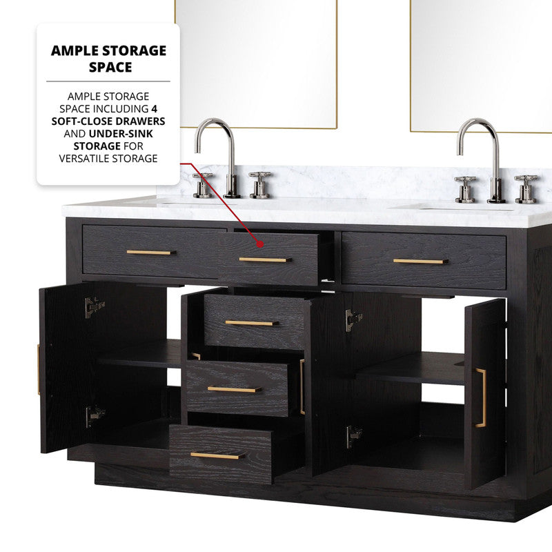 Lexora Abbey 60 in W x 22 in D Double Bath Vanity, Carrara Marble Top, Faucet Set, and 28 in Mirrors