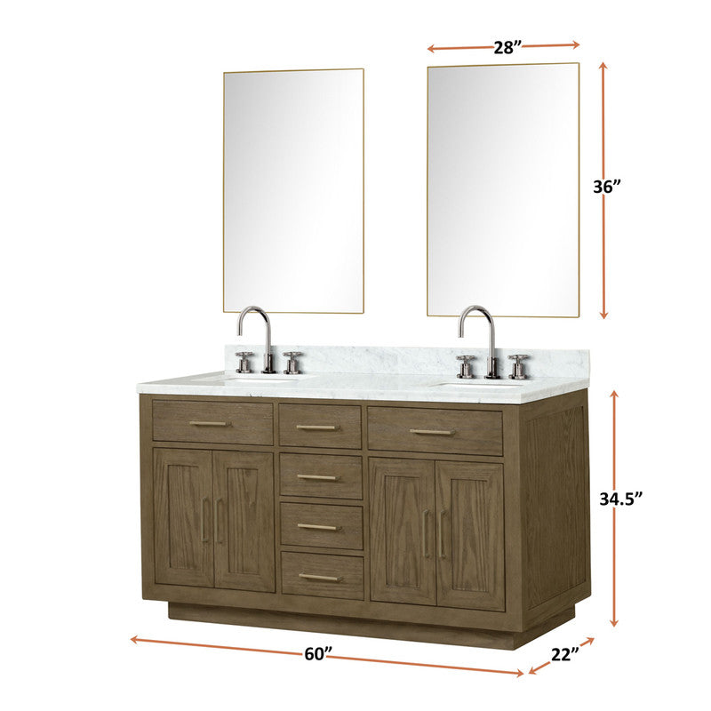 Lexora Abbey 60 in W x 22 in D Double Bath Vanity, Carrara Marble Top, Faucet Set, and 28 in Mirrors