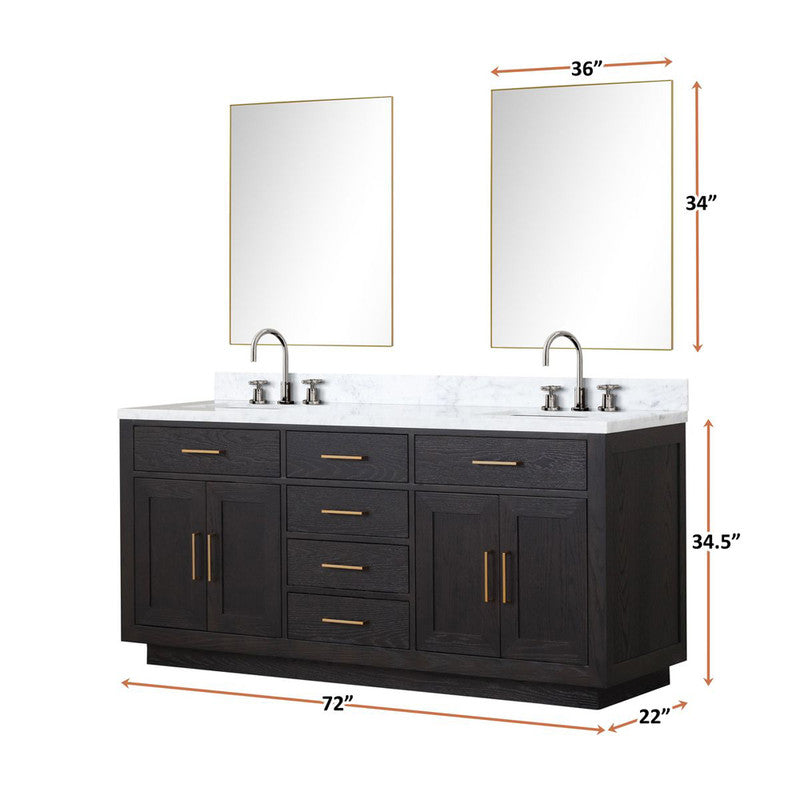 Lexora Abbey 72 in W x 22 in D Black Oak Double Bath Vanity and Carrara Marble Top