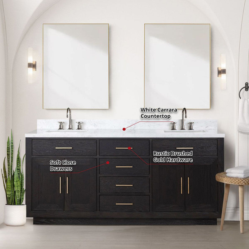 Lexora Abbey 72 in W x 22 in D Black Oak Double Bath Vanity and Carrara Marble Top