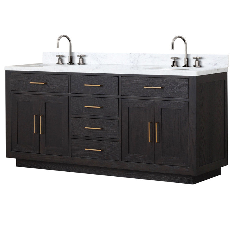 Lexora Abbey 72 in W x 22 in D Black Oak Double Bath Vanity, Carrara Marble Top, and Faucet Set