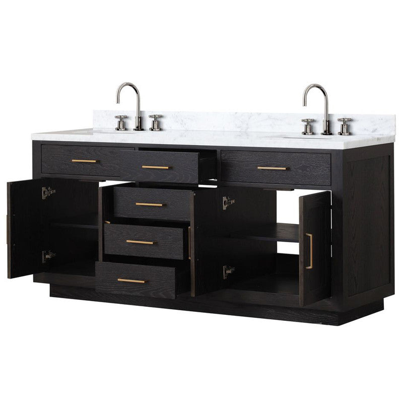 Lexora Abbey 72 in W x 22 in D Black Oak Double Bath Vanity, Carrara Marble Top, and Faucet Set