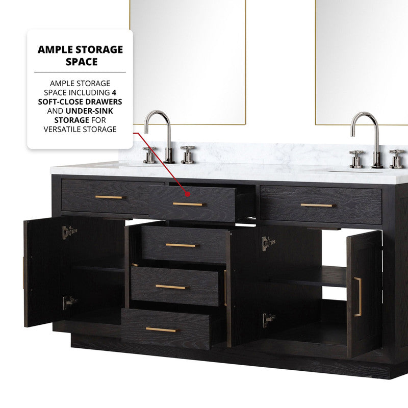 Lexora Abbey 72 in W x 22 in D Black Oak Double Bath Vanity, Carrara Marble Top, and Faucet Set