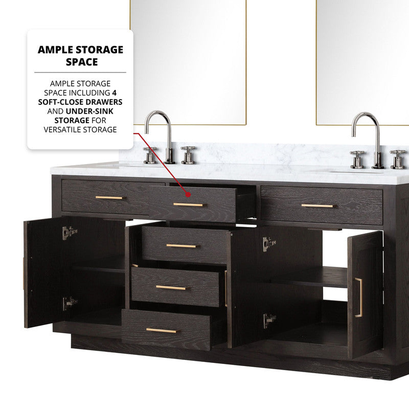 Lexora Abbey 72 in W x 22 in D Black Oak Double Bath Vanity and Carrara Marble Top