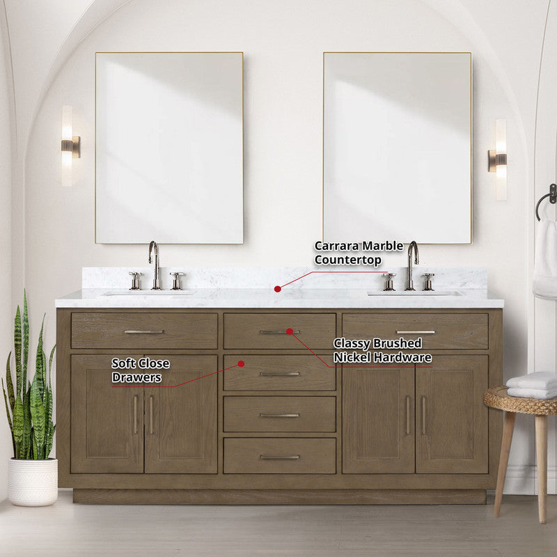 Lexora Abbey 72 in W x 22 in D Double Bath Vanity, Carrara Marble Top, and 34 in Mirrors