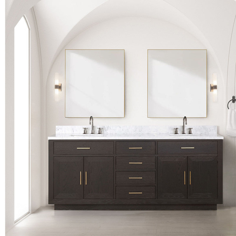 Lexora Abbey 80 in W x 22 in D Double Bath Vanity, Carrara Marble Top, and Faucet Set