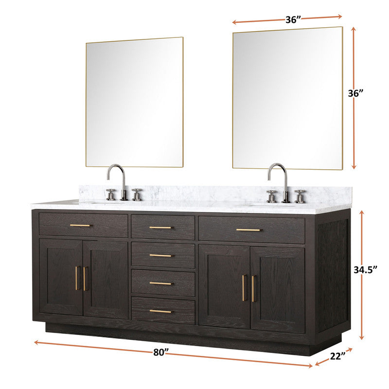 Lexora Abbey 80 in W x 22 in D Double Bath Vanity, Carrara Marble Top, and 36 in Mirrors