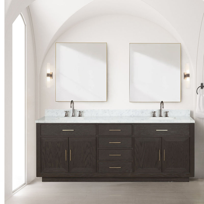 Lexora Abbey 84" W x 22" D Double Bath Vanity Carrara Marble Top with Faucet Set and 36" Mirrors