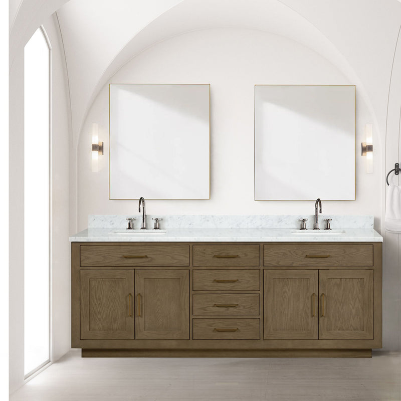 Lexora Abbey 84" W x 22" D Double Bath Vanity Carrara Marble Top and 36" Mirrors